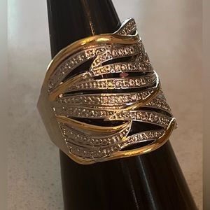 Trendy wide silver two tone ring with zircon stones.